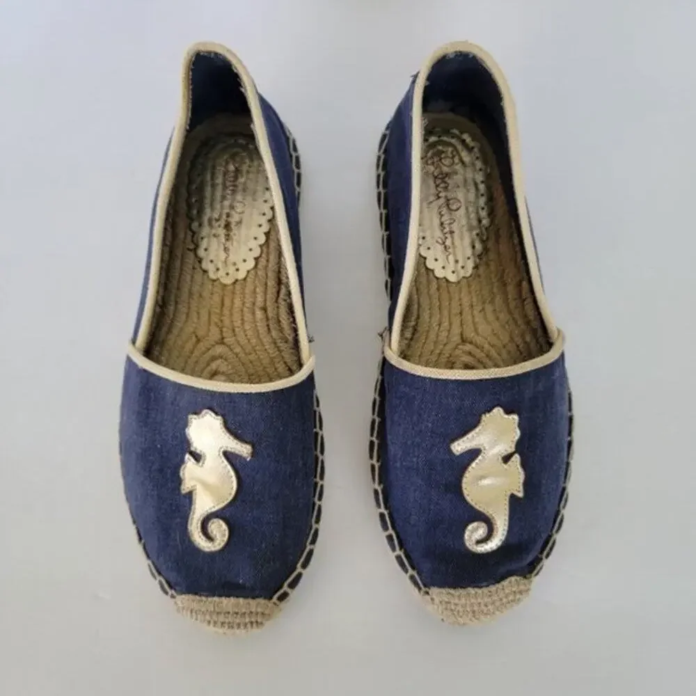 Lilly Pulitzer Lia Espadrilles Seahorse Flat Shoes Womens Size 9 Blue Canvas